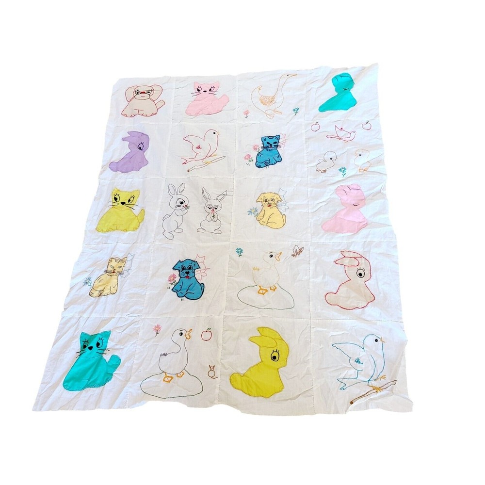 VINTAGE Applique & Embroidered Baby Quilt TOP Animals Dogs Cats Birds 33" x 42"
